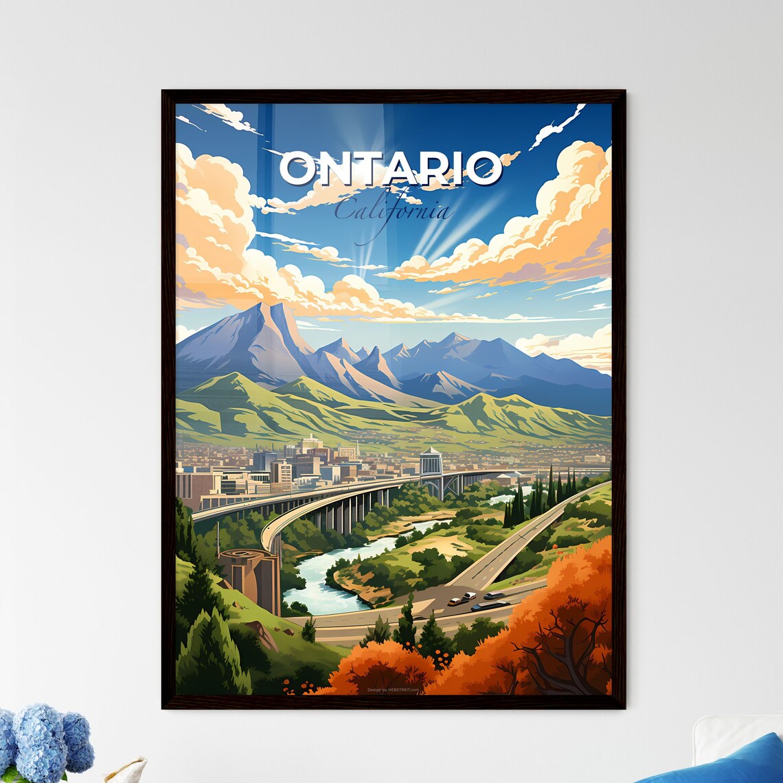 Ontario California Mountain City Bridge Vista Vintage Travel Poster