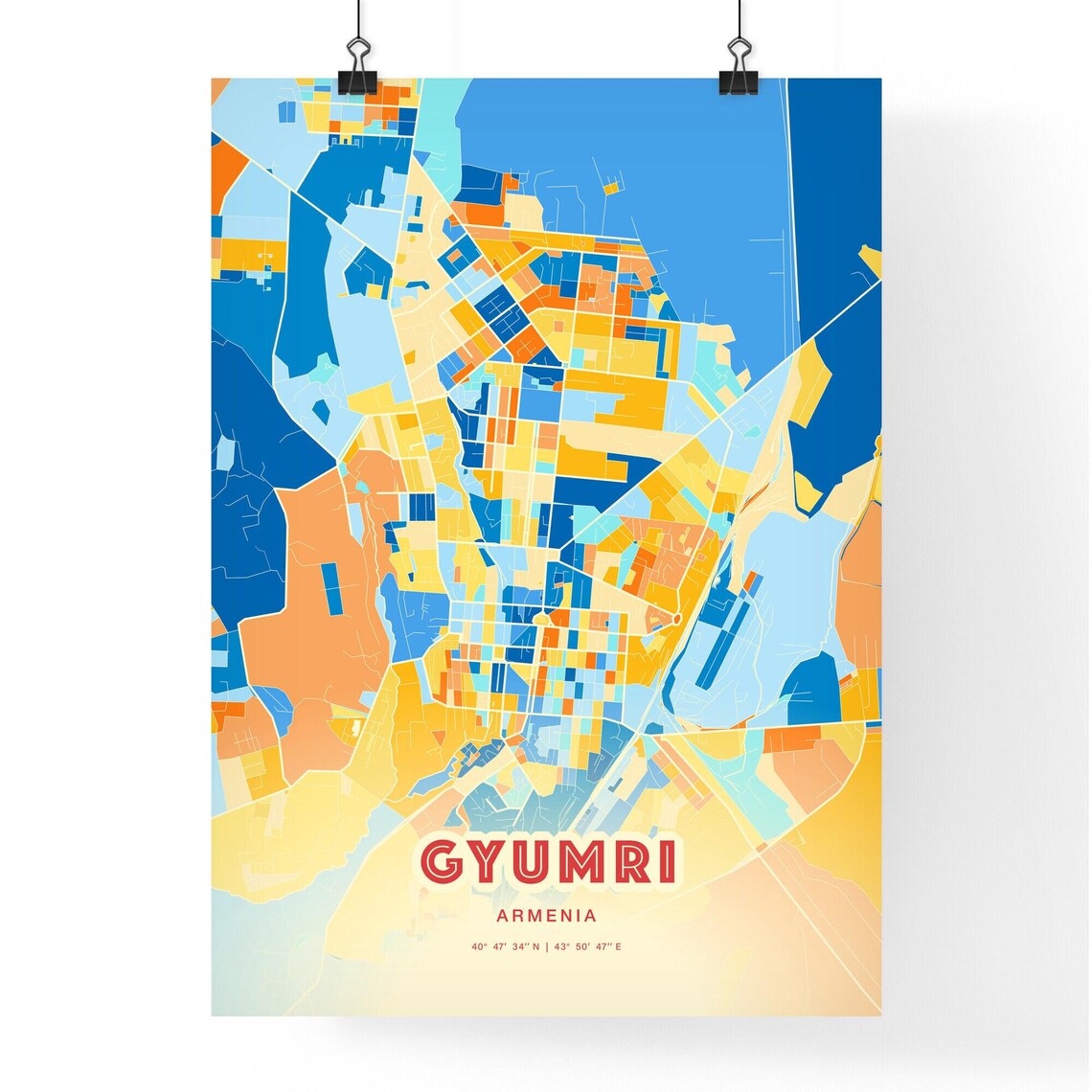 Gyumri Armenia Modern Colorful Abstract City Map Blue Orange Poster - Image 3