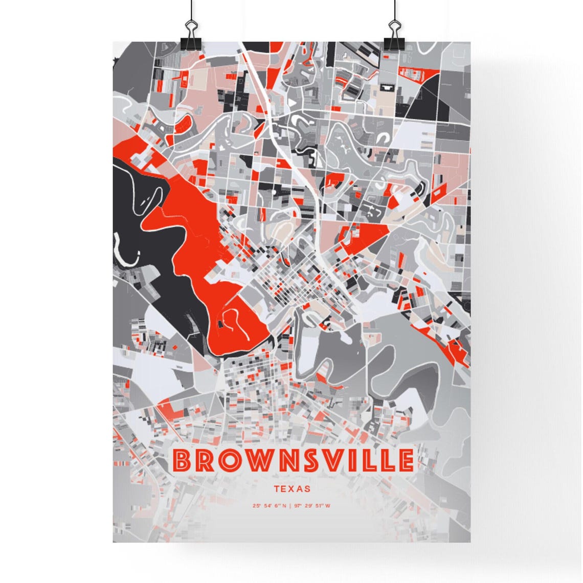 Brownsville Texas City Map Art Modern Red Gray Coordinate Poster - Image 3