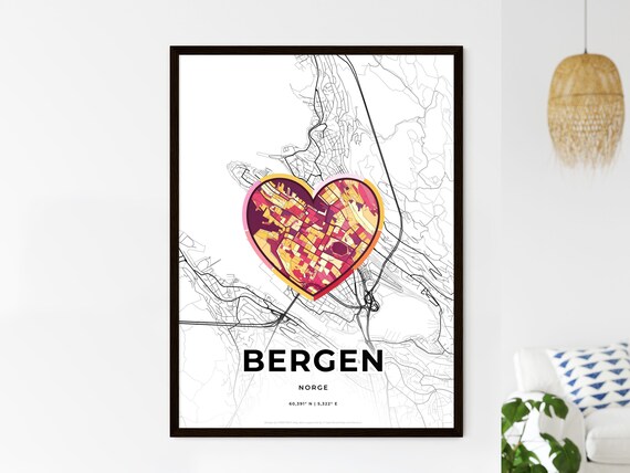 Bergen Norway Minimalist Line Art Heart Shaped City Map Poster