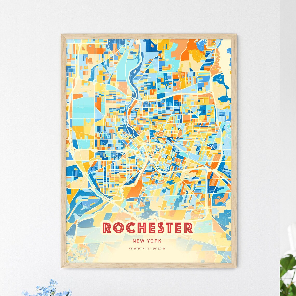 Rochester New York Colorful Blue Orange Street Map Art Poster