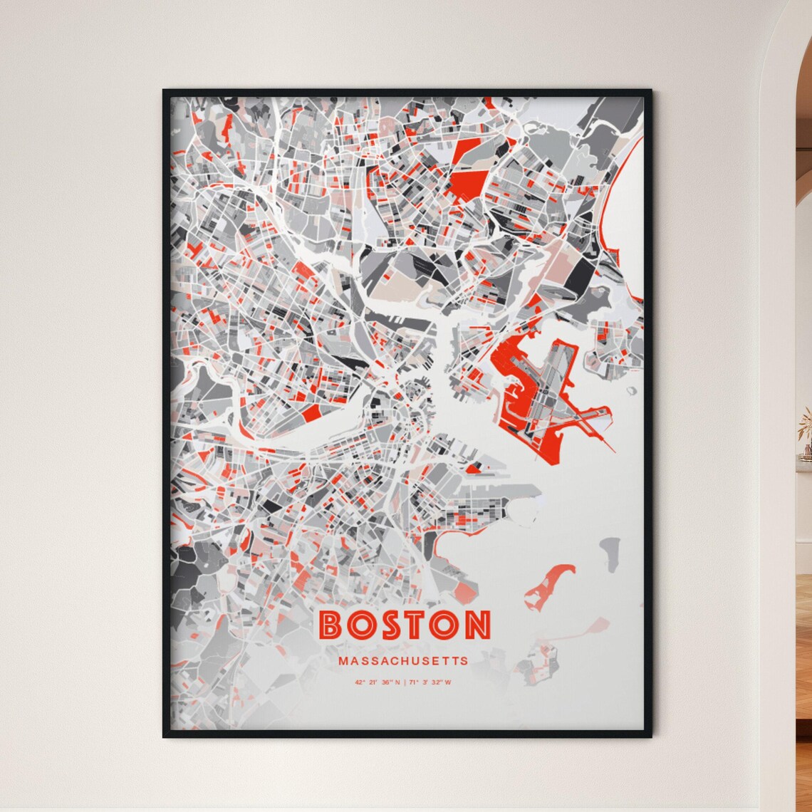 Boston Massachusetts Modern Red Gray Expressive City Map Poster Customizable
