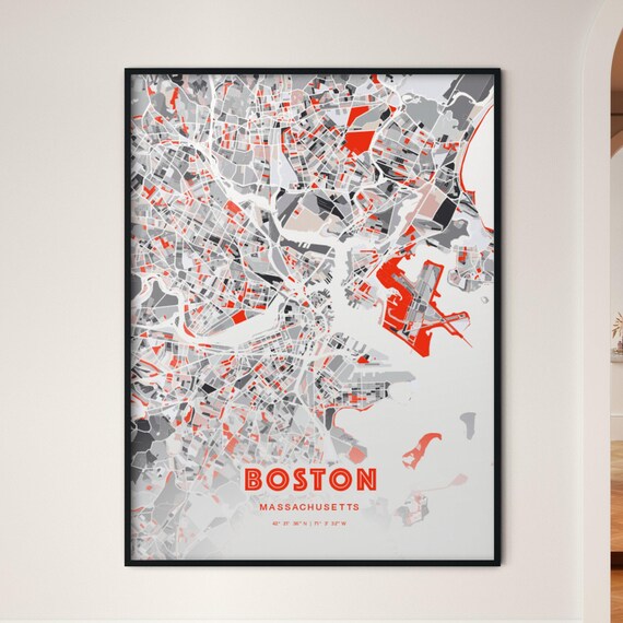 Boston Massachusetts Modern Red Gray Expressive City Map Poster Customizable