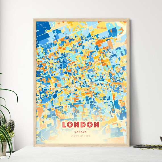 London Canada Colorful Blue Orange Modern City Street Map Poster