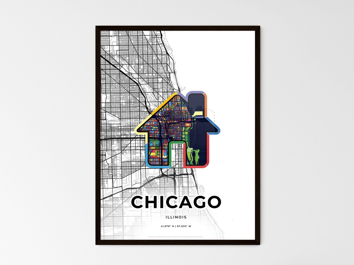 Chicago Illinois Minimal Map Art With Colorful Heart Icon Poster - Image 3
