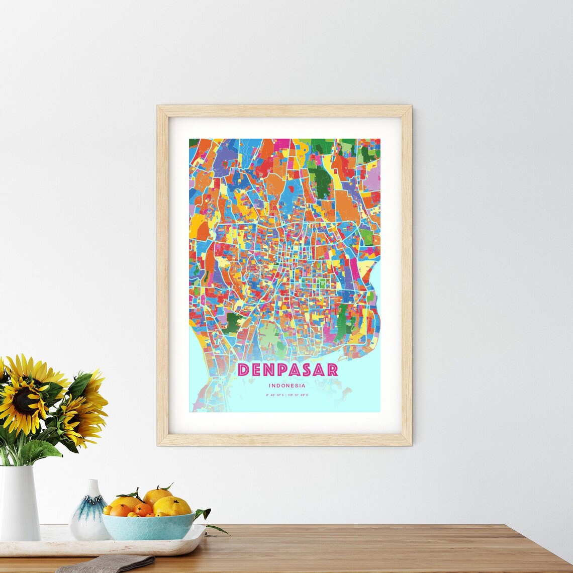 Denpasar Indonesia Colorful City Map Art Poster in Pink and Turquoise - Image 2