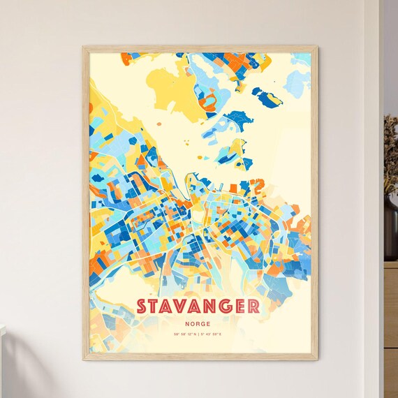 Stavanger Norway Colorful Coastal City Map Coordinates Poster