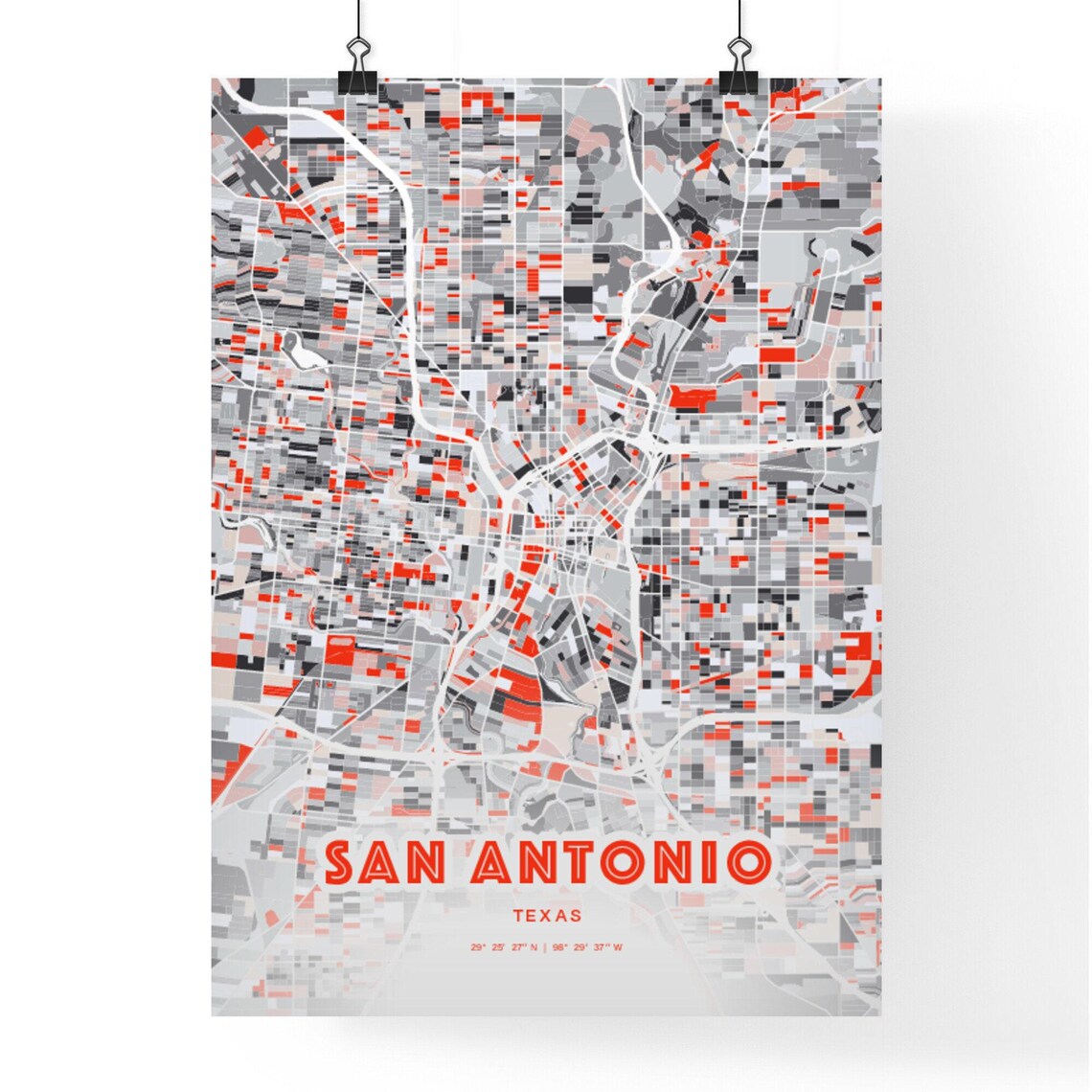 San Antonio Texas Expressive Red Abstract City Map Art Poster - Image 3