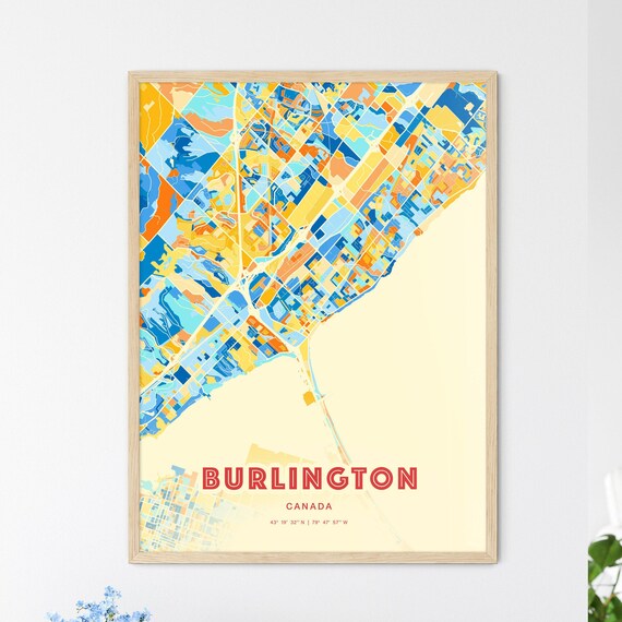 Burlington Canada City Map Art Poster in Bold Blue and Orange
