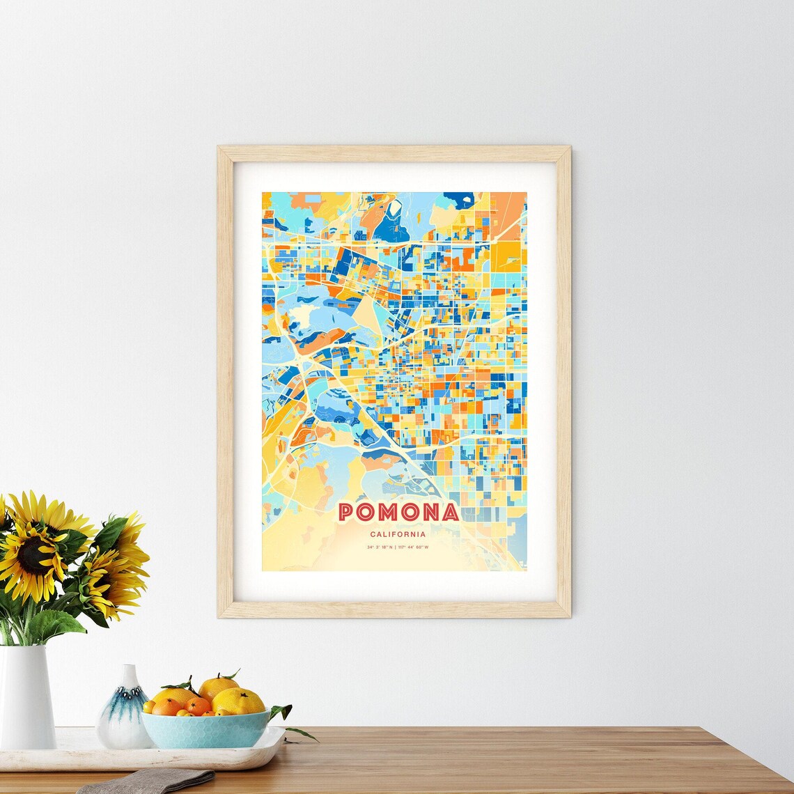 Pomona California Colorful Modern Blue Orange City Map Art Poster - Image 2