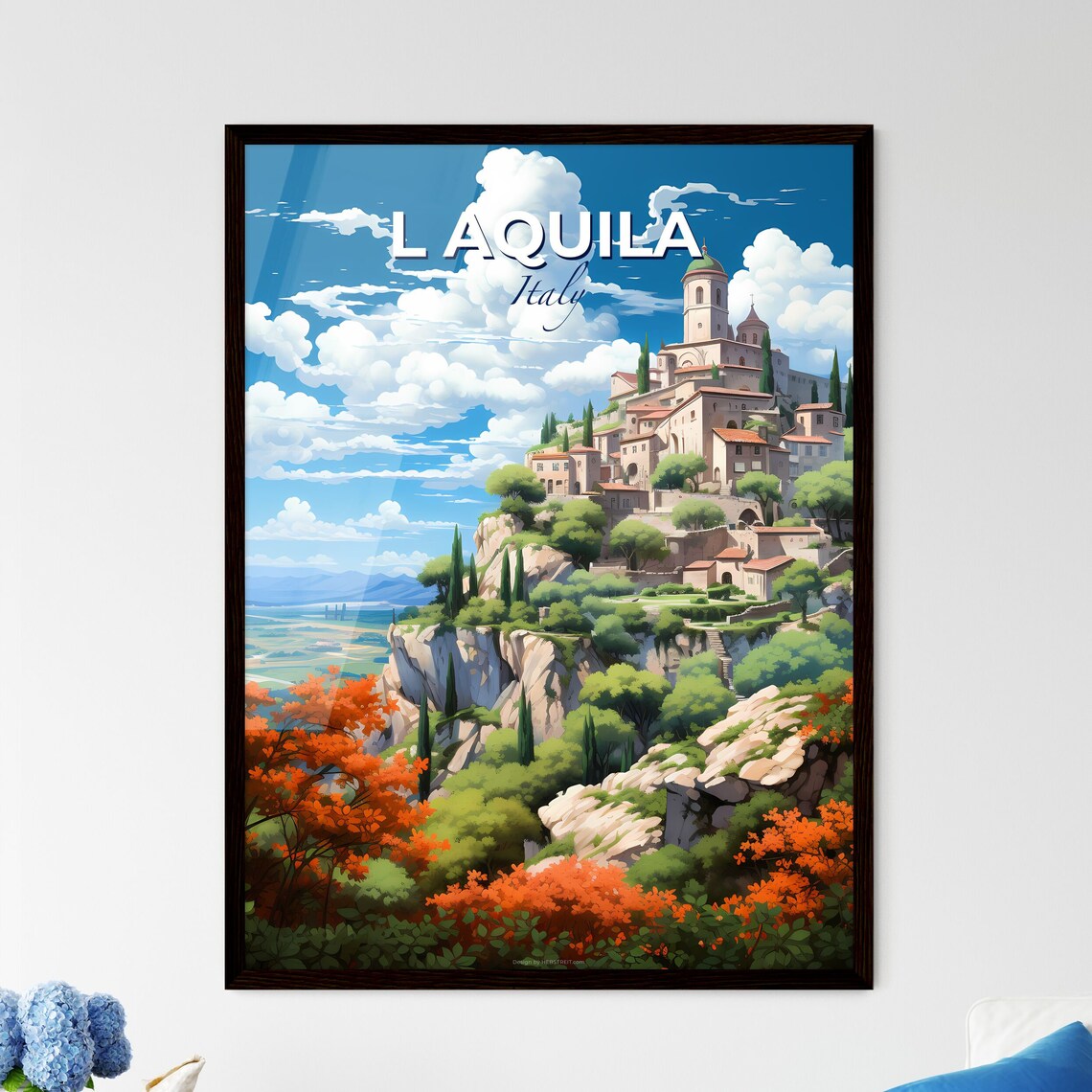 L Aquila Italy Cliffside Hilltop Town Autumn Travel Poster Art