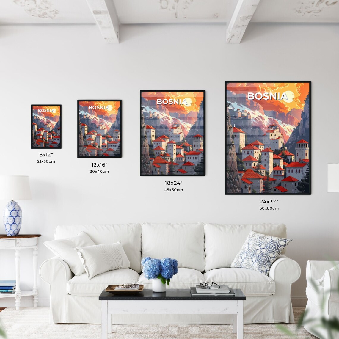 Bosnia Historic Red Roofed Mountain Village Sunset Travel Poster - Image 3