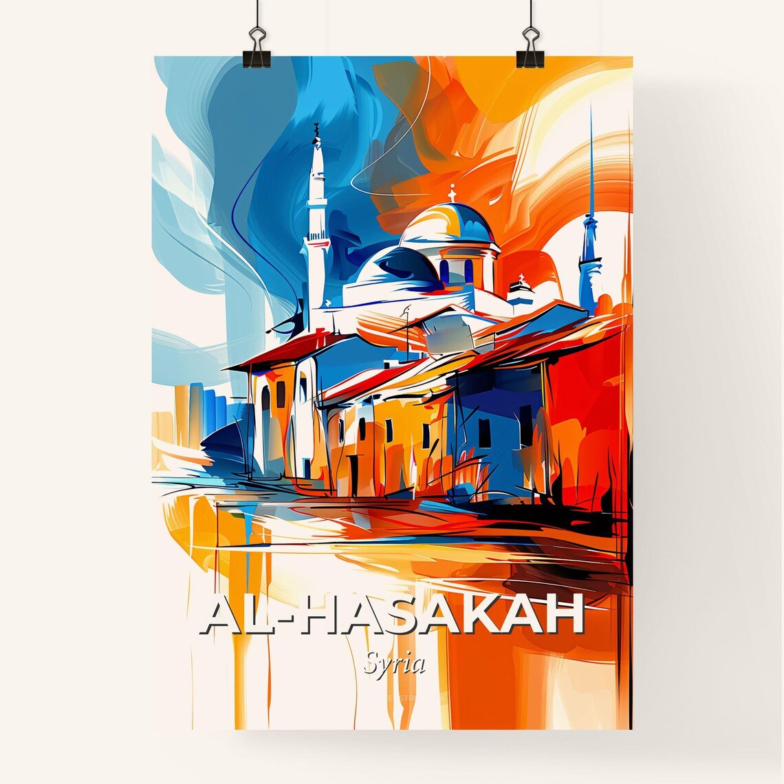 Al Hasakah Syria Vibrant Watercolor Mosque Cityscape Art Poster - Image 4