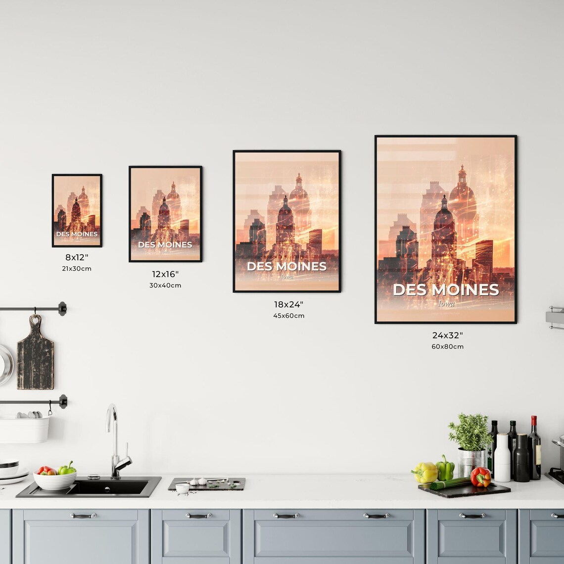 Des Moines Iowa Golden Hour Skyline Domed Landmarks Art Poster - Image 3