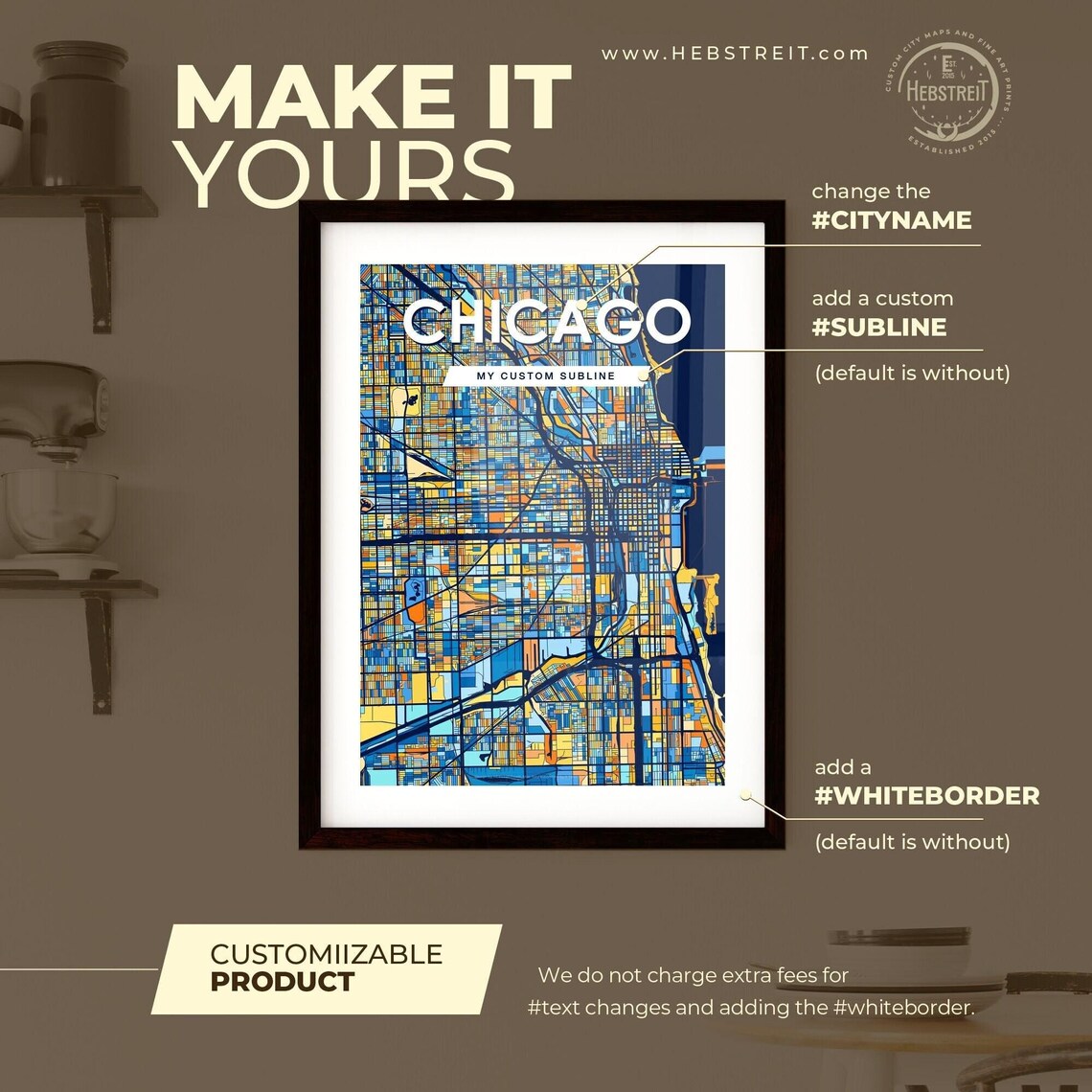 Chicago Illinois Stylish Vibrant Blue and Orange Mosaic City Map Poster - Image 2