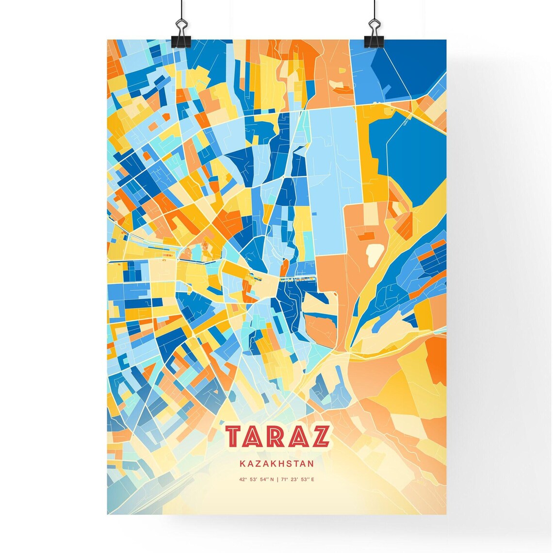 Taraz Kazakhstan Blue Orange Colorful City Map Art Poster With Coordinates - Image 3