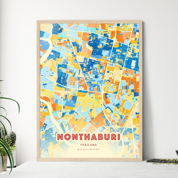 Nonthaburi Thailand City Map Abstract Blue Orange Modern Art Print