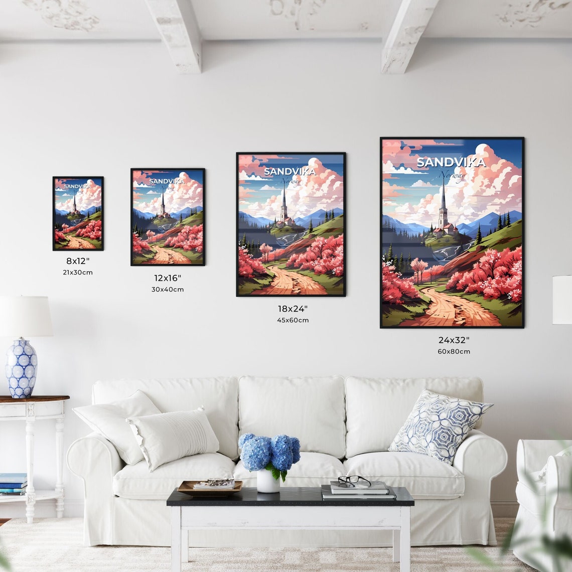 Sandvika Norway Hilltop Church Spring Blossoms Mountains Poster - Image 3