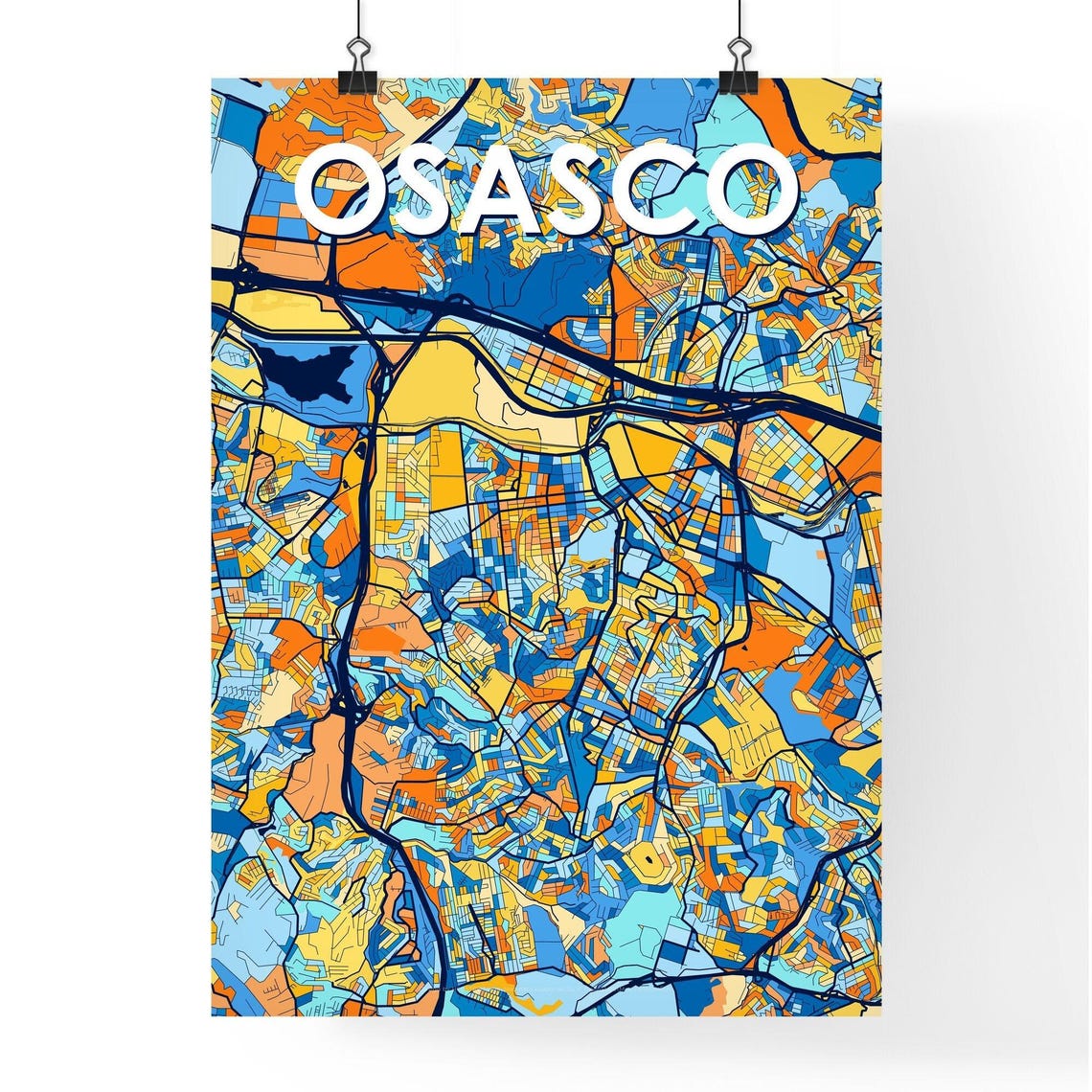 Osasco Brazil Stylish Vibrant Blue and Orange Mosaic City Map Poster - Image 4