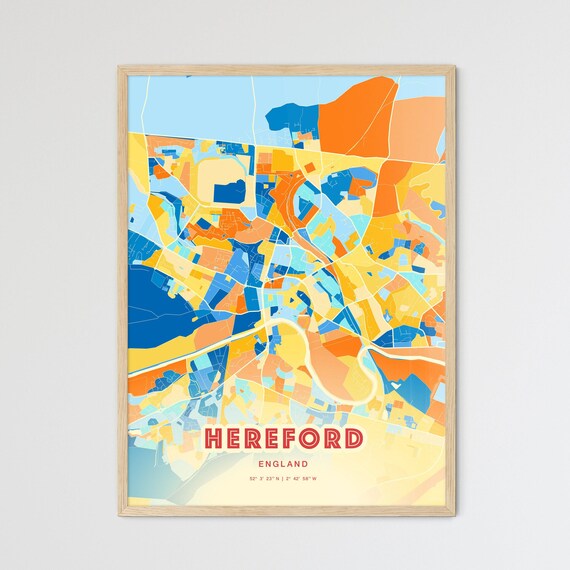 Hereford England Colorful Blue and Orange Retro City Street Map Wall Art