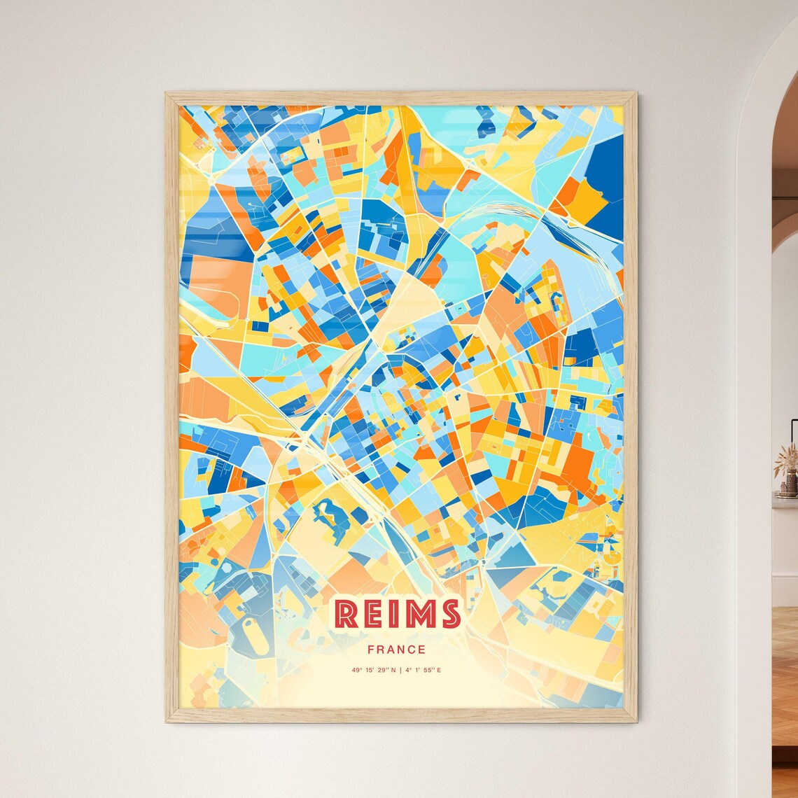 Reims France Colorful Blue Orange Champagne City Map Art Print