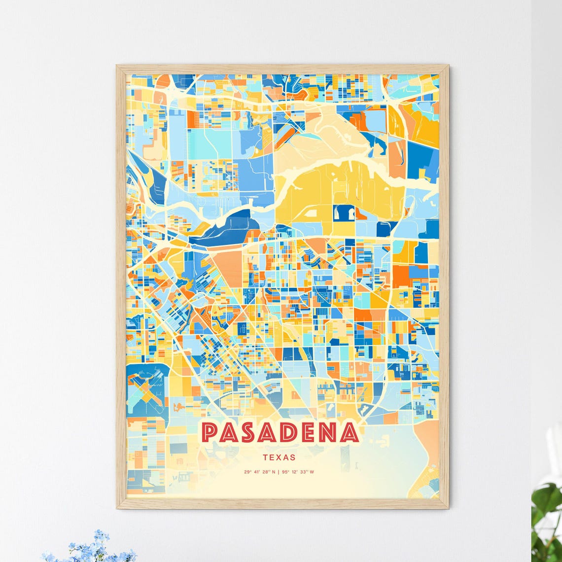 Pasadena Texas Colorful Vibrant Blue Orange City Map Art Poster