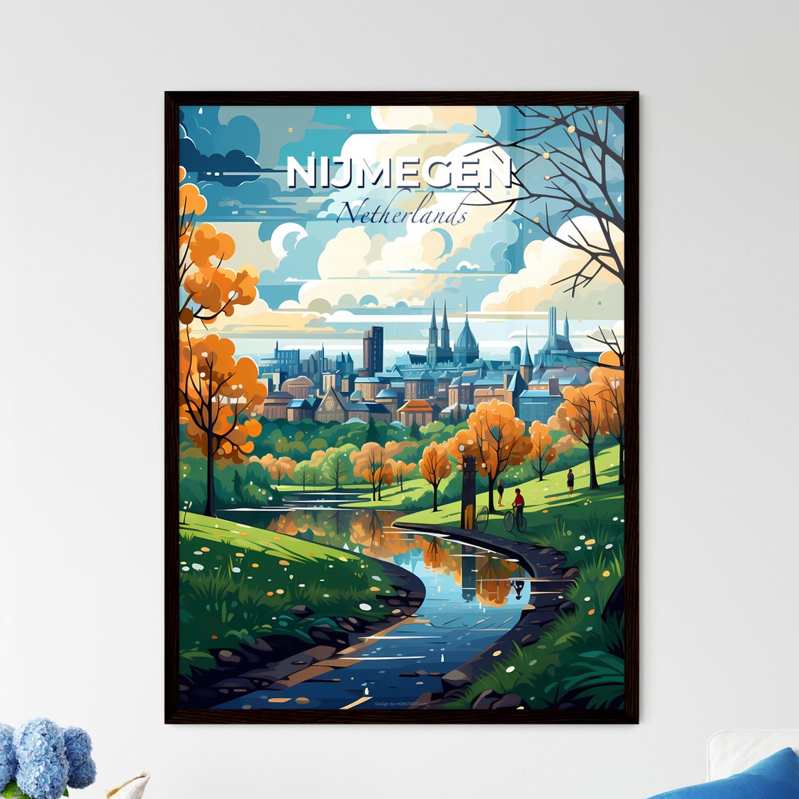 Nijmegen Netherlands Autumn Canal Park Cyclist City View Poster