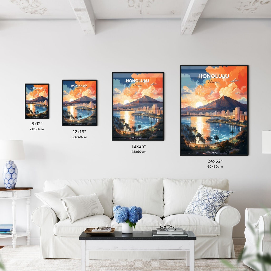 Honolulu Hawaii Diamond Head Sunset Beach Colorful Travel Poster - Image 3