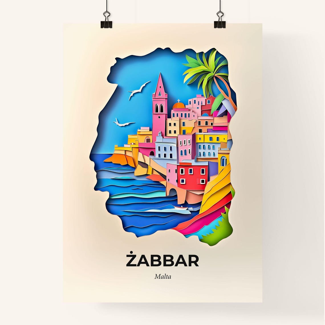 Zabbar Malta Seaside Town Paper Cut Mediterranean Travel Poster - Image 4