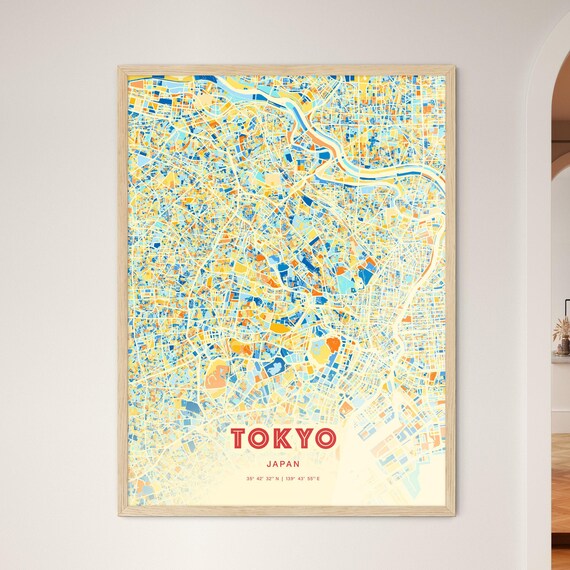 Tokyo Japan Blue Orange Dense Urban Neon Street Map Art Poster