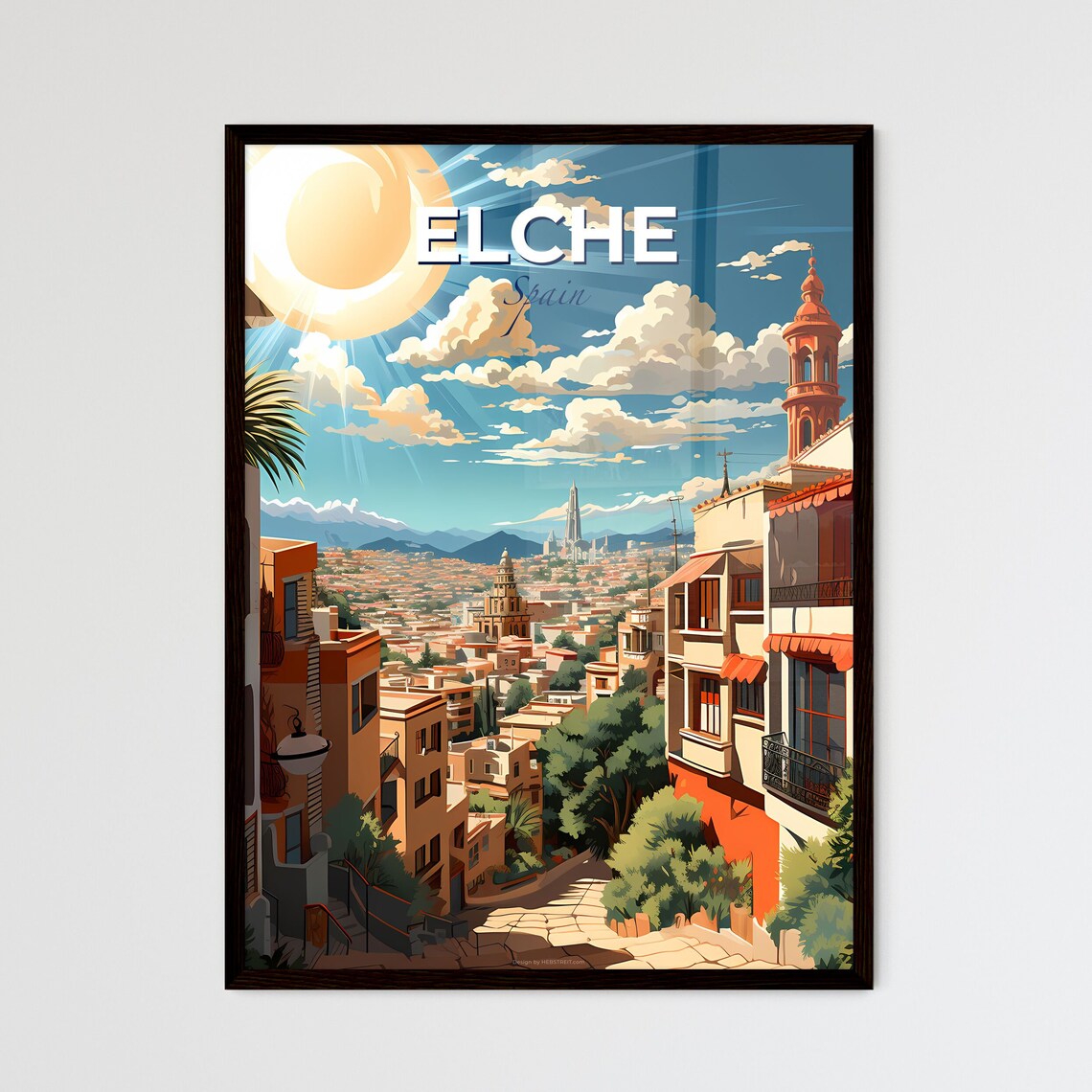 Elche Spain Old Town Sunlit Street Church Towers Travel Poster