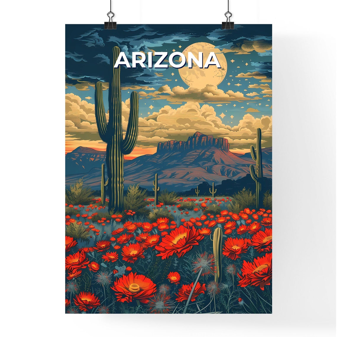 Arizona Saguaro Cactus Wildflower Field Moonlit Night Vintage Poster - Image 4