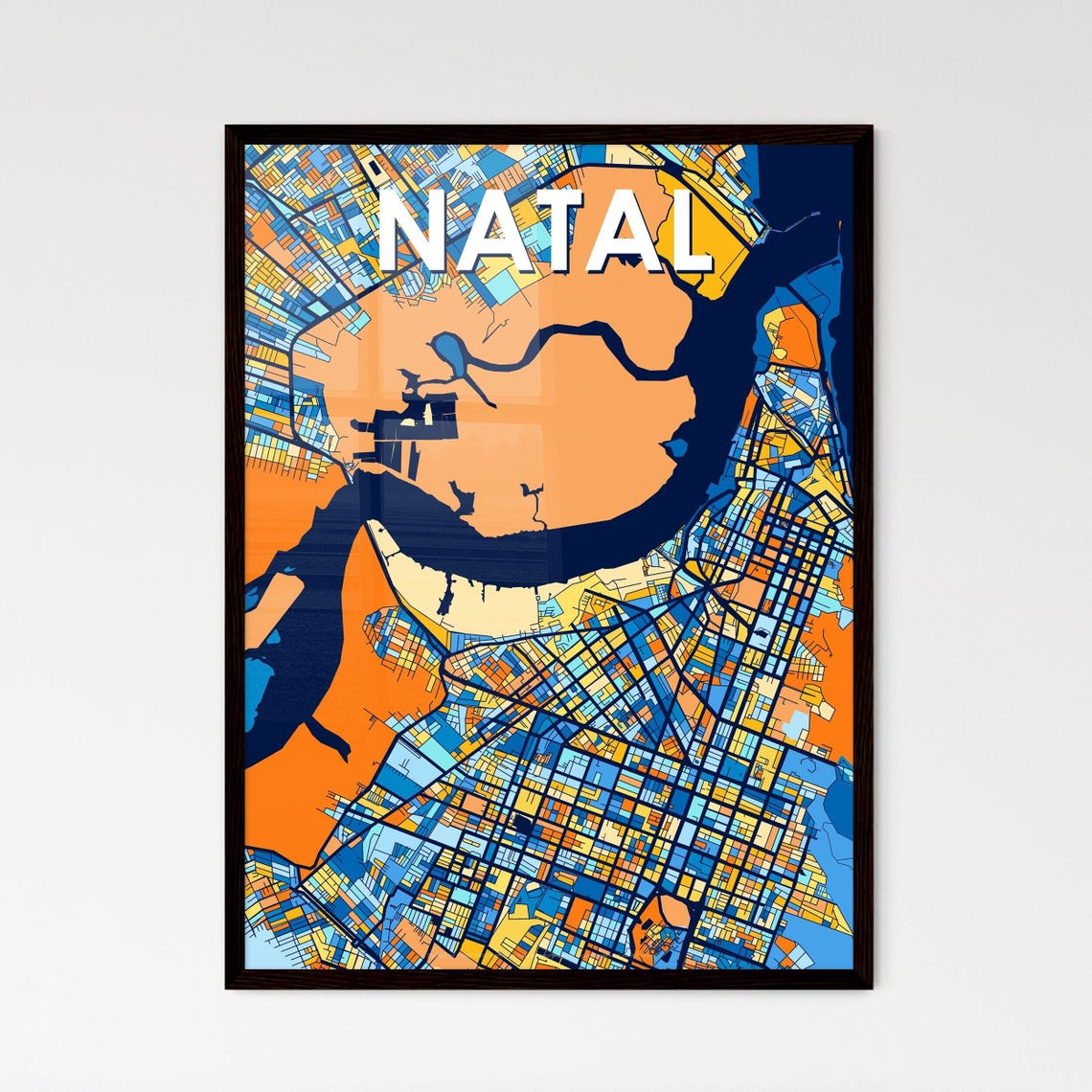 Natal Brazil Stylish Vibrant Blue and Orange Mosaic City Map Poster