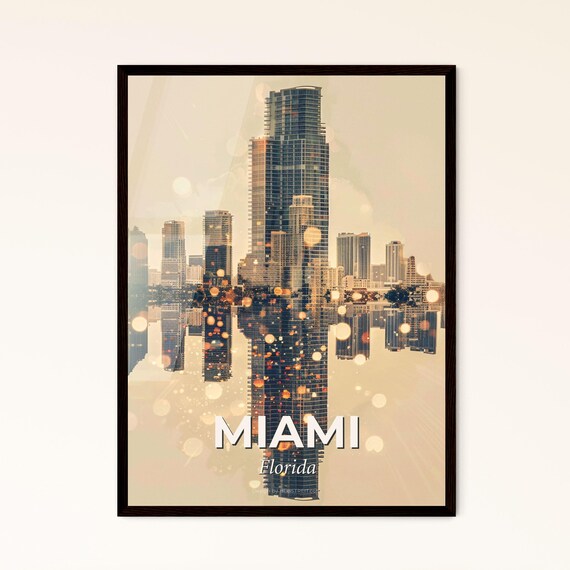 Miami Florida Glittering Skyscraper Reflection Night Art Poster