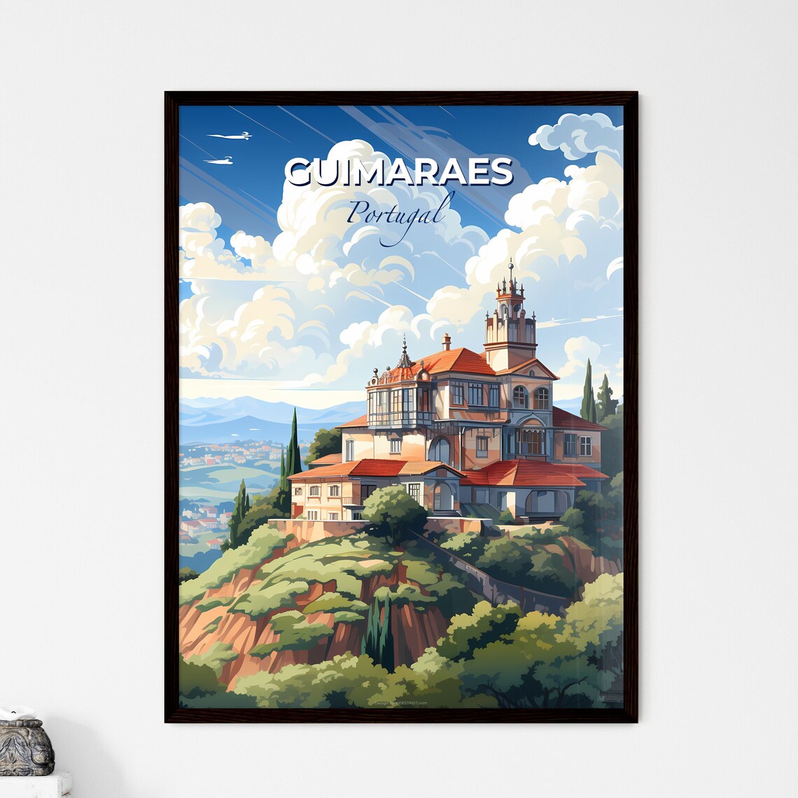 Guimaraes Portugal Hilltop Manor Cypress Trees Vintage Travel Poster