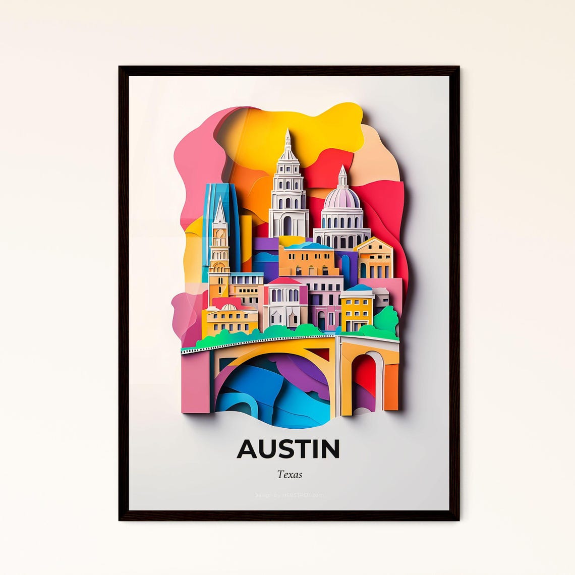 Austin Texas Colorful Paper Cut Downtown Bridge Travel Poster
