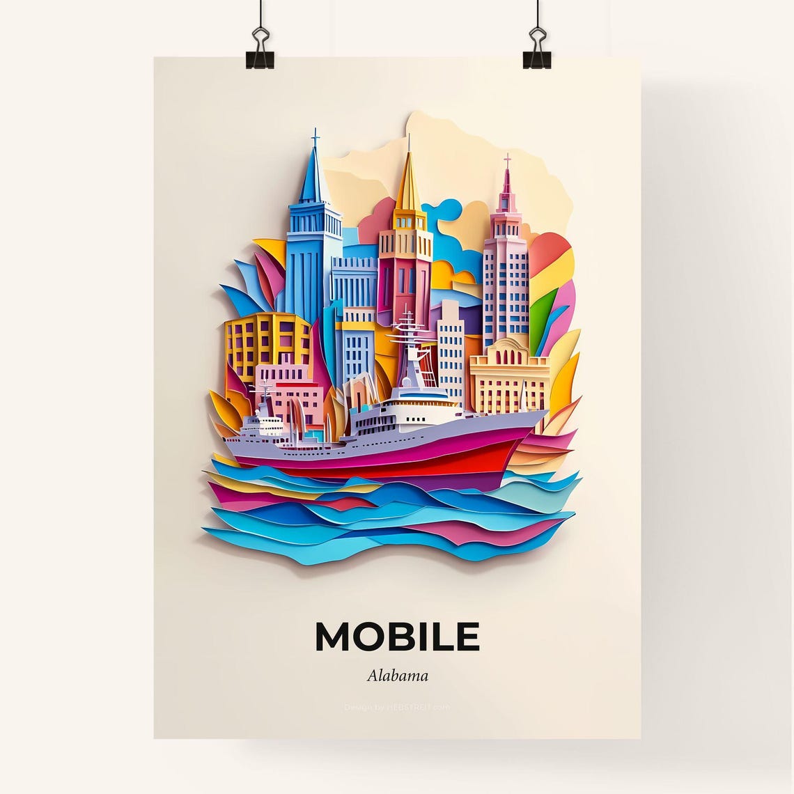 Mobile Alabama Colorful Paper Cut Cruise Ship Skyline Travel Poster - Image 4