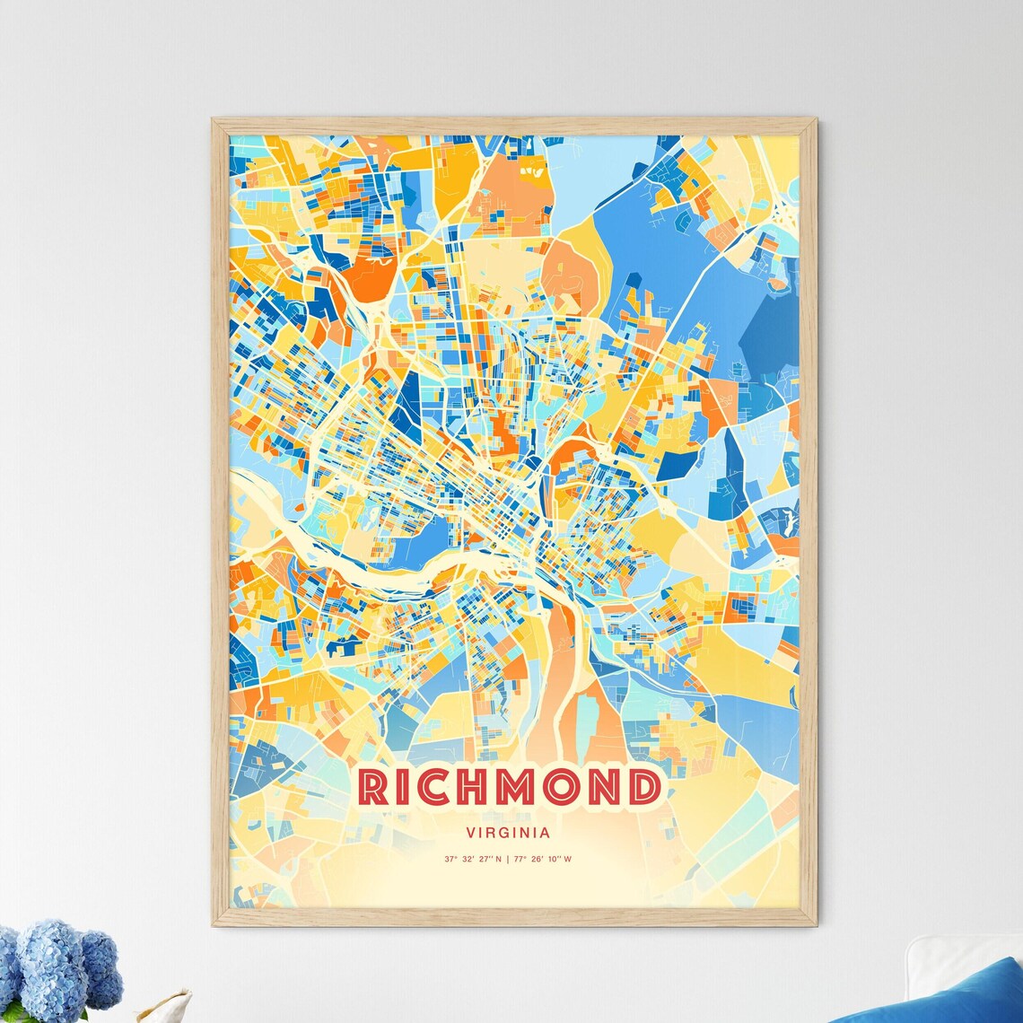 Richmond Virginia City Map Art Poster Blue Orange Street Style