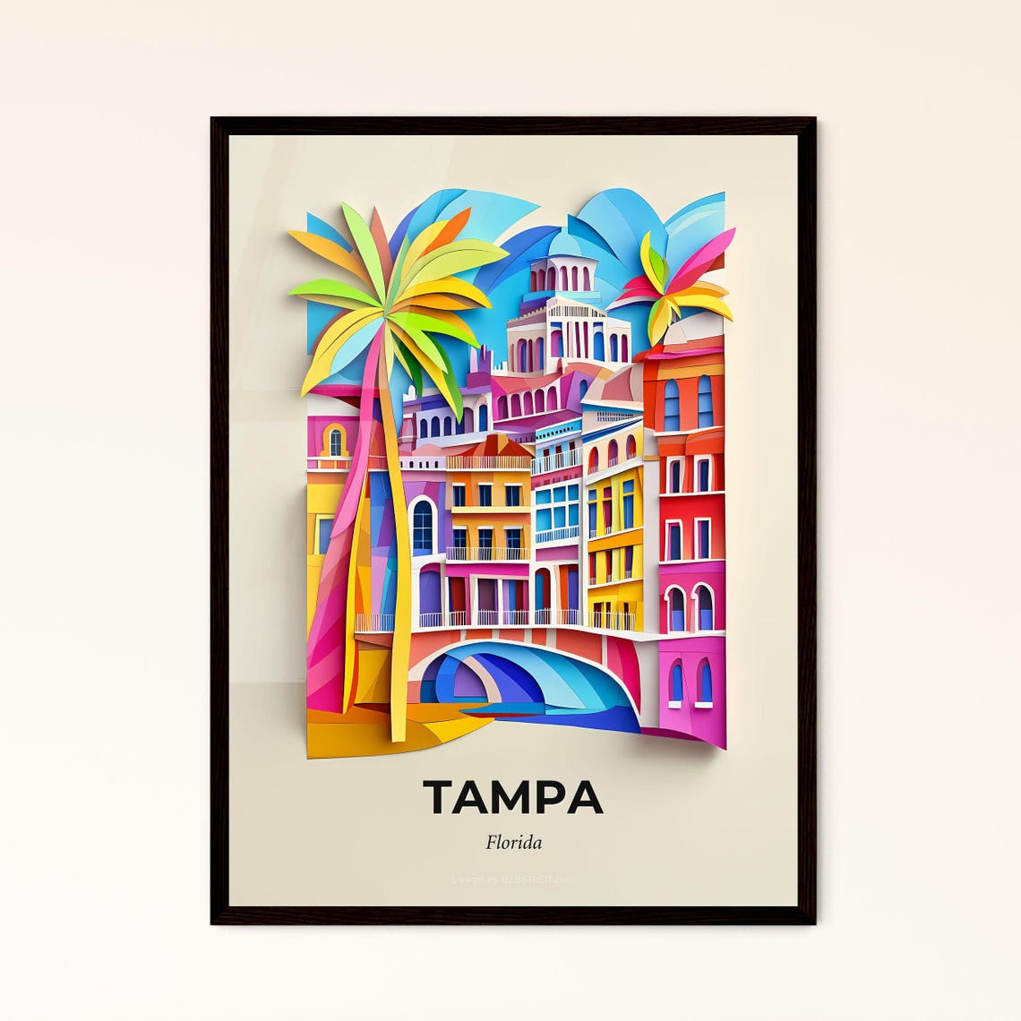 Tampa Florida Palm Trees Colorful Buildings Paper Cut Poster
