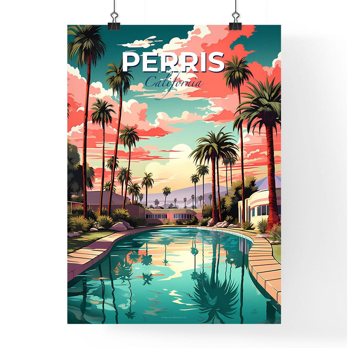 Perris California Palm Trees Resort Pool Sunset Travel Poster - Image 4
