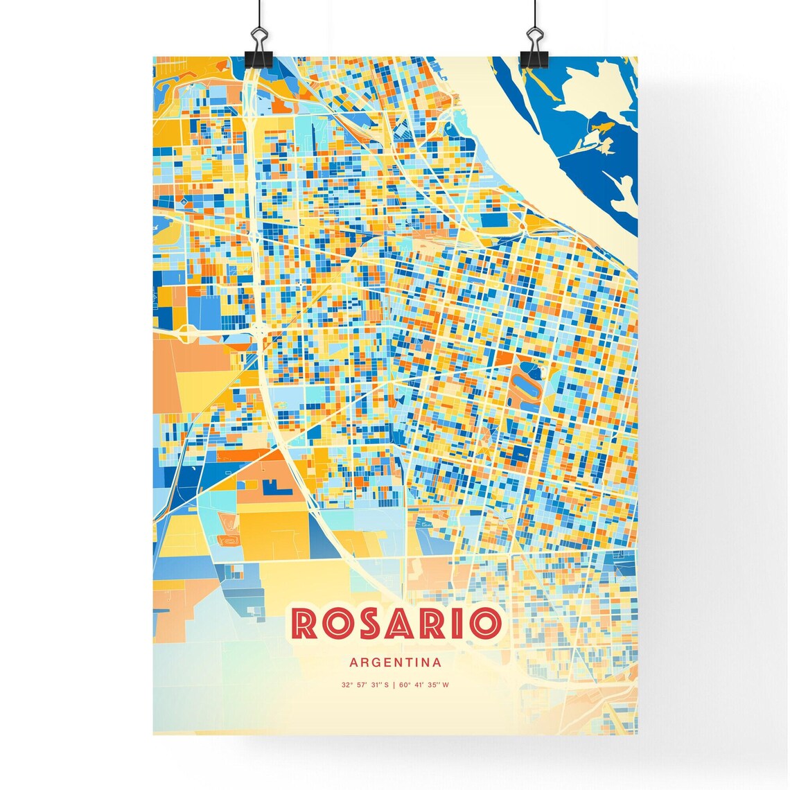 Rosario Argentina City Map Art Poster Blue Orange Street Style - Image 3