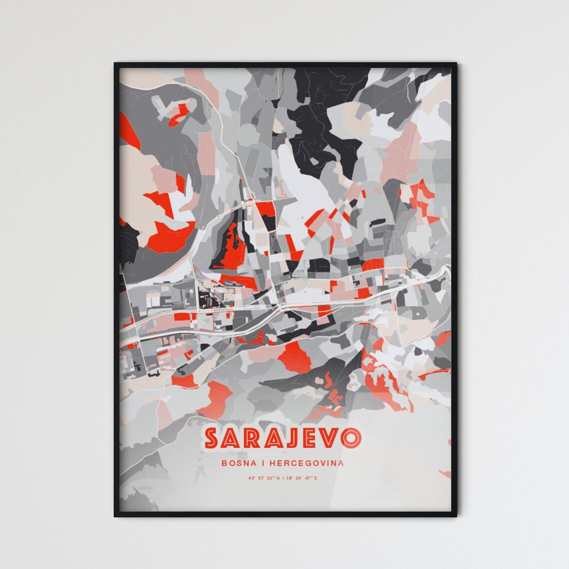 Sarajevo Bosnia and Herzegovina Expressive Red Abstract City Map Art Poster