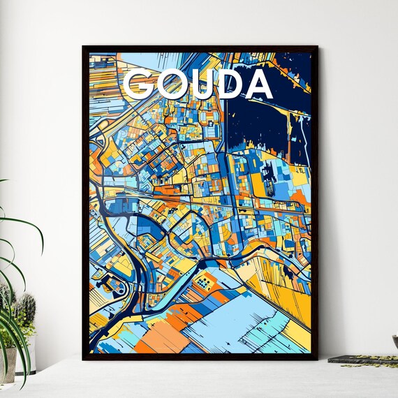 Gouda Netherlands Bold Geometric City Map Art Poster in Blue and Orange