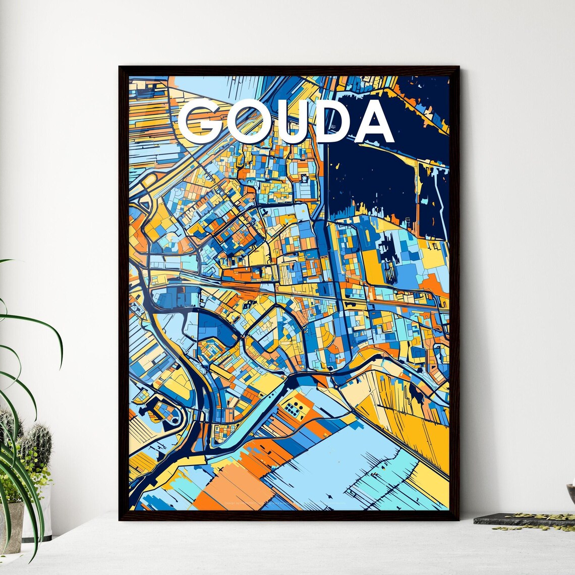 Gouda Netherlands Bold Geometric City Map Art Poster in Blue and Orange
