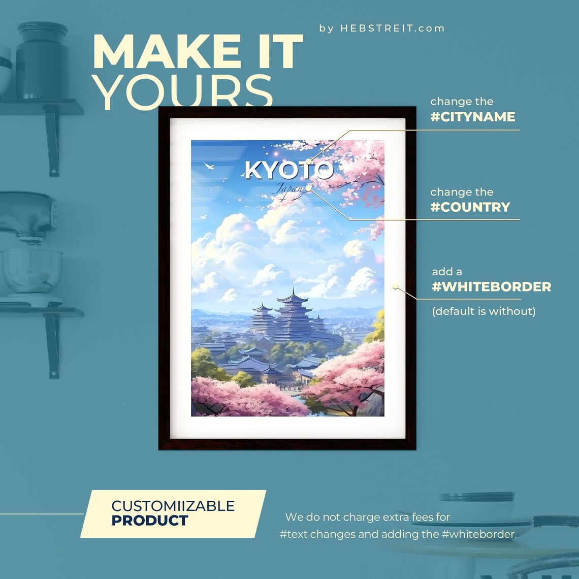Kyoto Japan Travel Poster Cherry Blossom Pagoda Temple Skyline Art - Image 2
