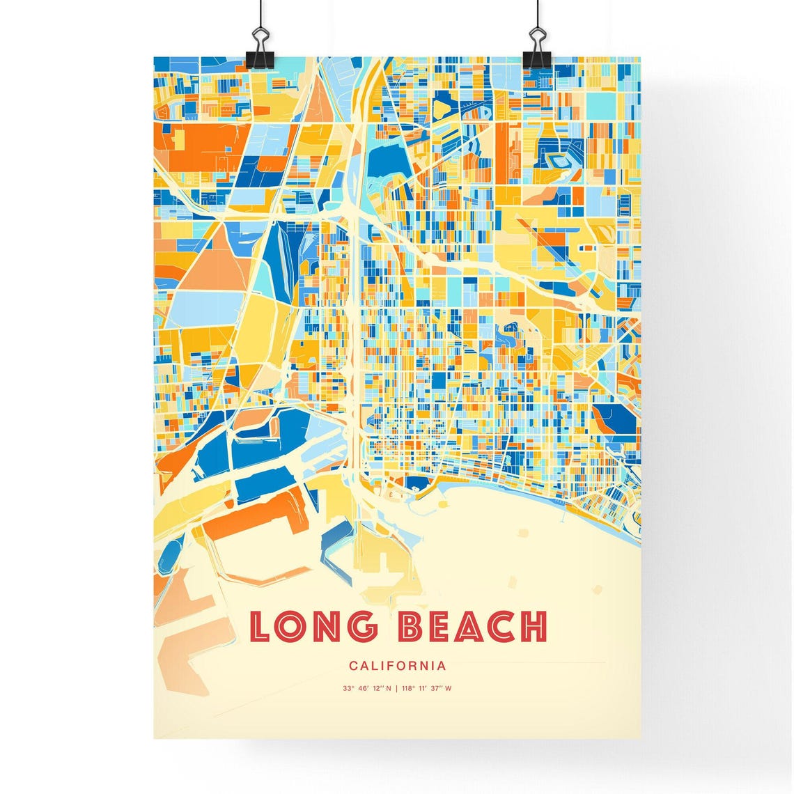 Long Beach California Colorful Blue Orange City Map Art Poster Decor - Image 3