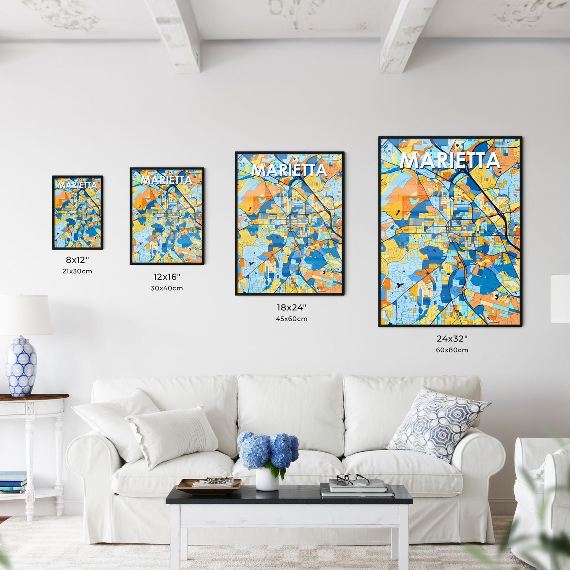 Marietta Georgia Vibrant Stylized Blue and Orange City Map Poster - Image 3