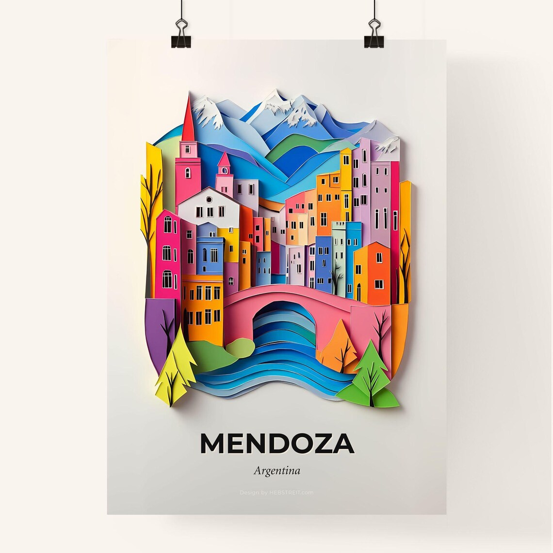 Mendoza Argentina 3D Paper Cut Mountain Town River Bridge Poster - Image 4