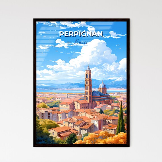 Perpignan France Poster Illustrated Travel Skyline Cathedral Mountain Art