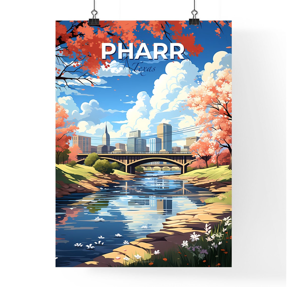 Pharr Texas Cherry Blossom River Bridge City Skyline Art Poster - Image 4